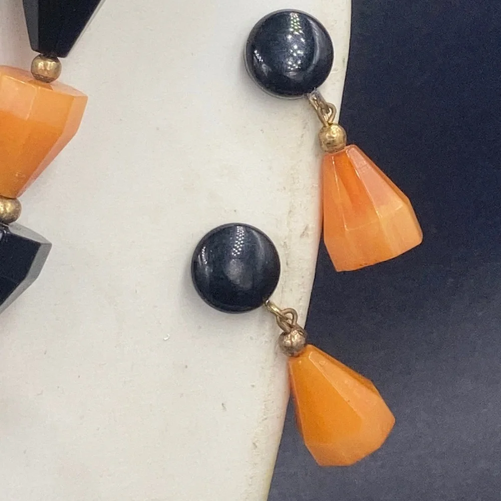 Vintage Bakelite Black Orange Pyramid Bead Necklace Earring Set
